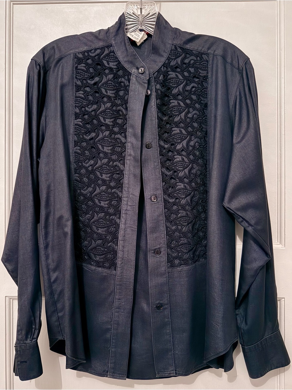 Vintage Kenzo Paris Women's Black Long-Sleeve Silk Shirt with Embroidered Front